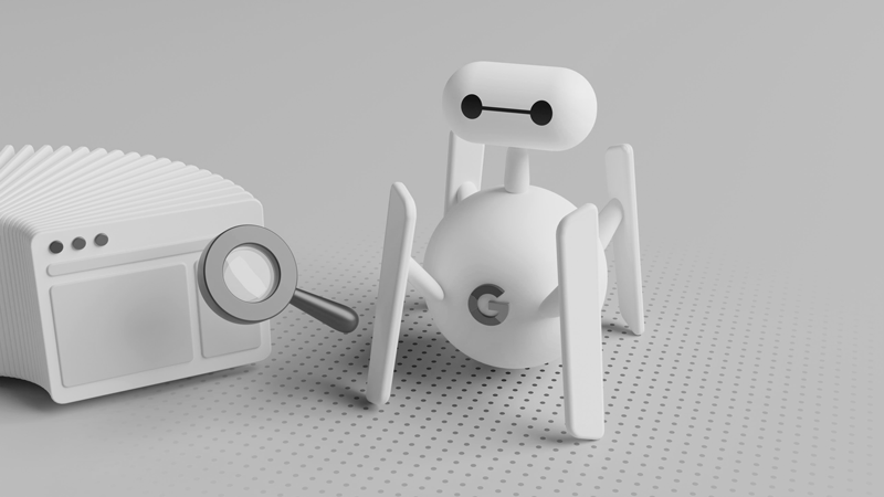 a figurine of google bot crawling pages representing seo charlotte nc services