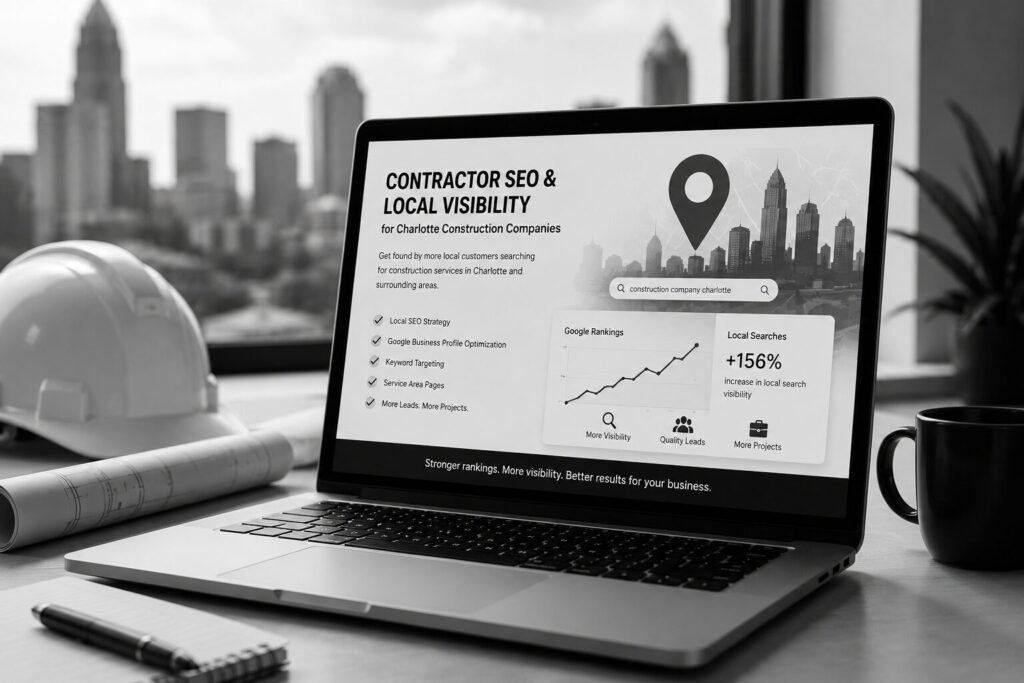 Laptop displaying contractor SEO and local visibility dashboard for a Charlotte construction company in a black and white office workspace