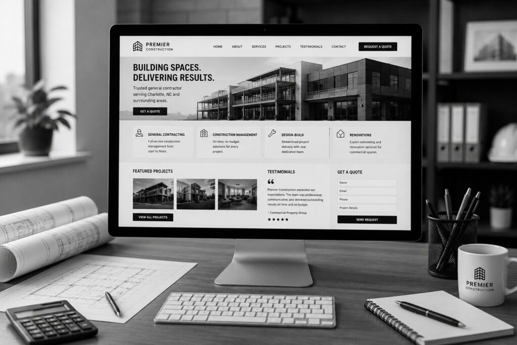 a new contractor website design on a laptop on a desk in an office
