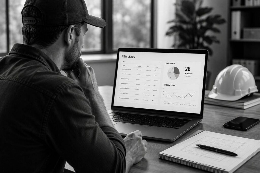 General contractor reviewing website leads and project inquiries on a laptop in a black and white office workspace