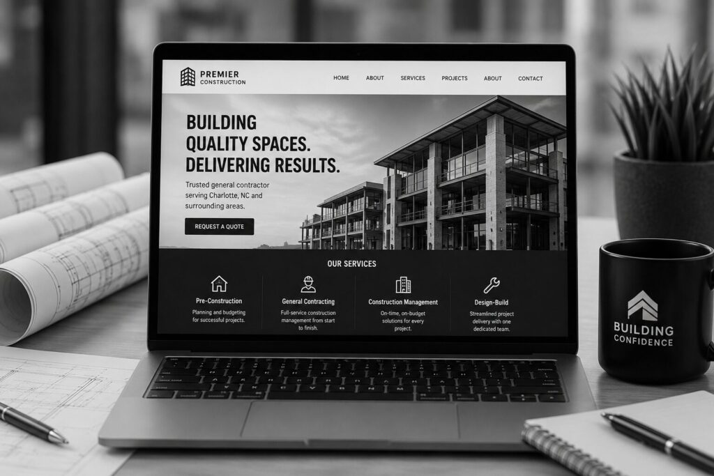 Laptop displaying a professional general contractor website with project gallery, construction services, and lead generation features in a black and white office setting