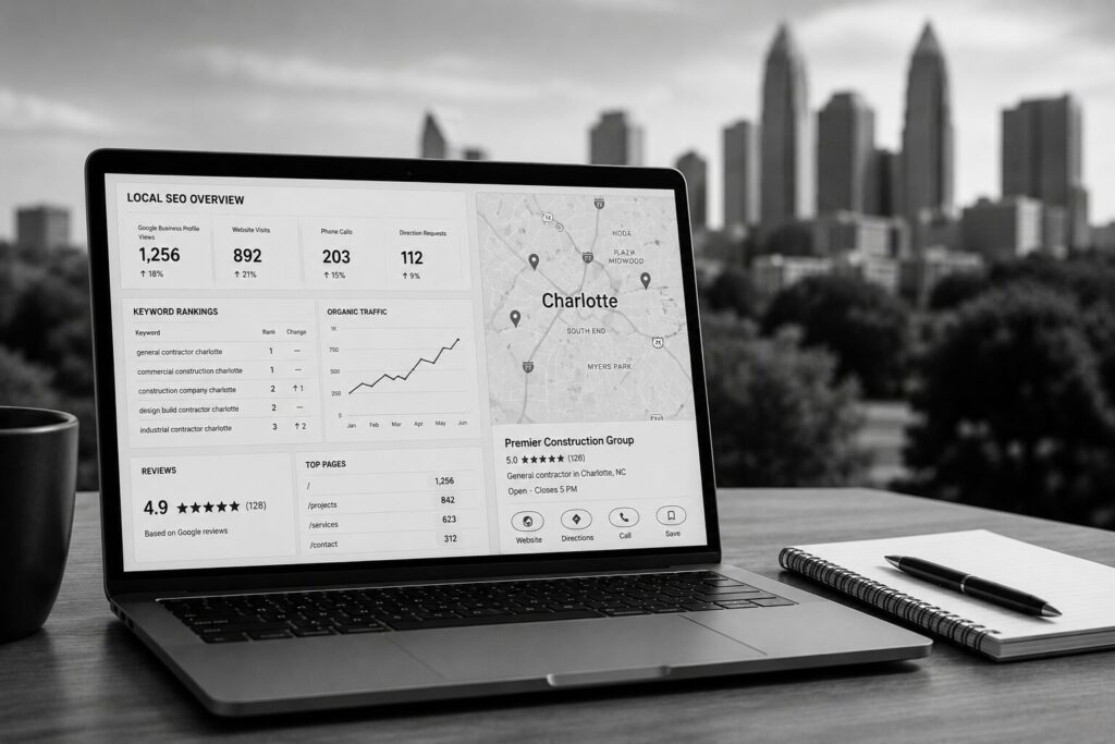 Laptop displaying local SEO rankings, keyword performance, Google Business Profile metrics, and Charlotte search visibility data for a general contractor website