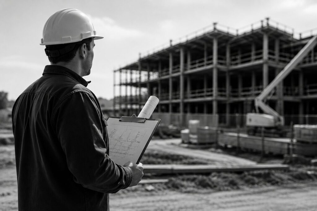 General contractor reviewing construction plans at an active jobsite while overseeing a commercial building project in black and white