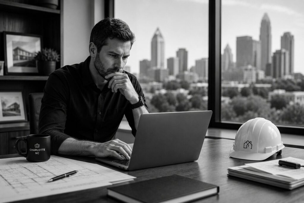 a construction company owner at his desk on his new website