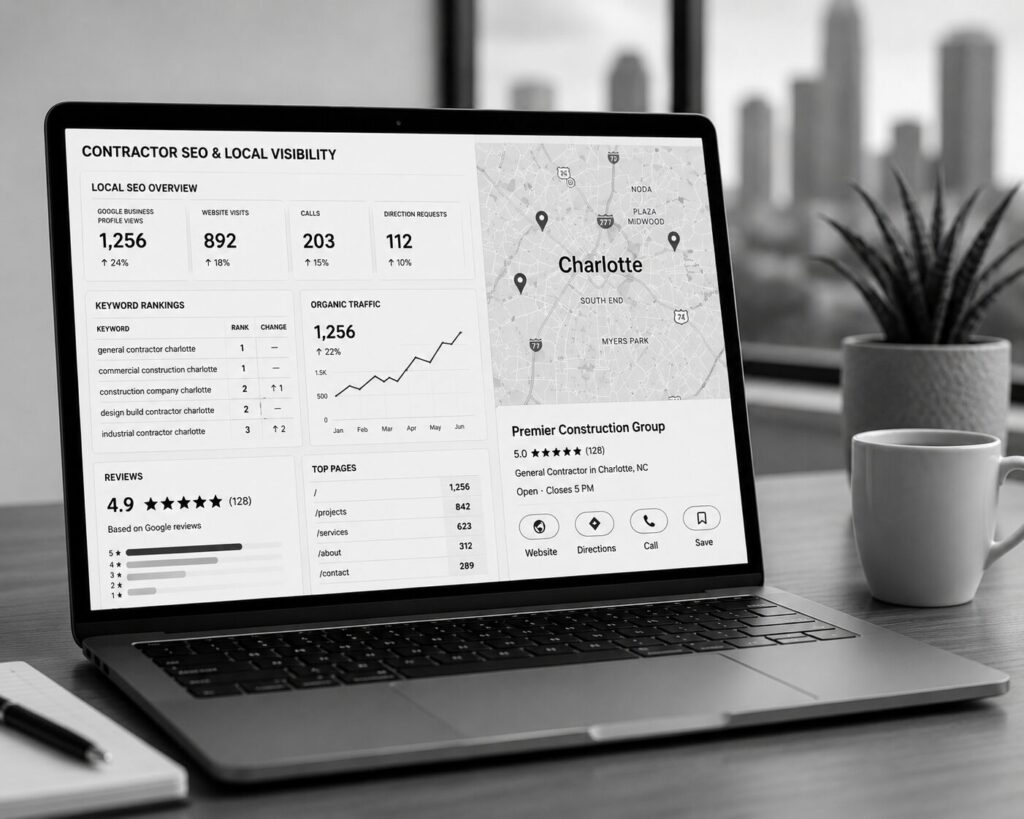 Contractor SEO and local visibility dashboard displaying keyword rankings, Google Business Profile performance, local search metrics, and lead generation data for a construction company.