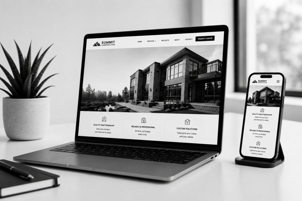 a new contractor website on a laptop computer on a desk