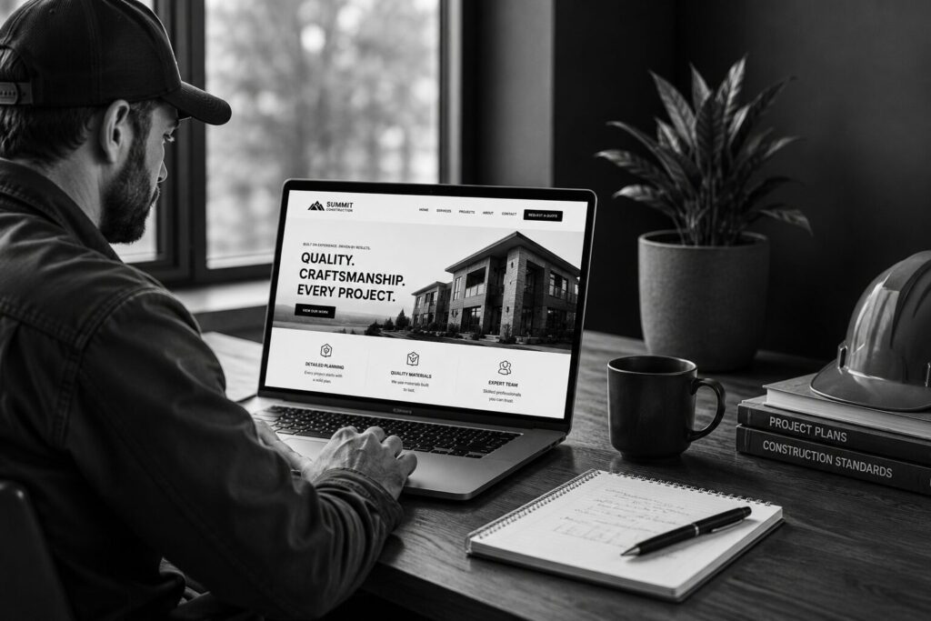 contractor at desk looking at new website representing website design for contractors