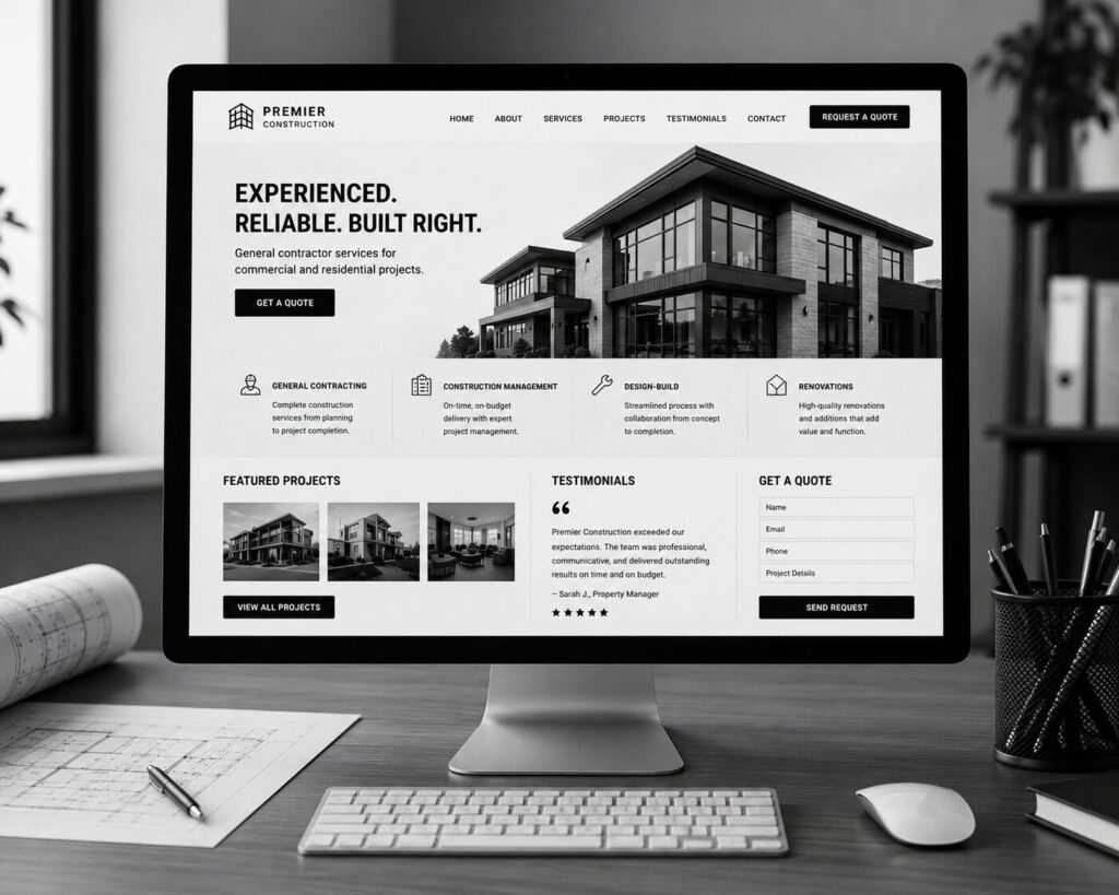 General contractor website design displayed on a desktop monitor, featuring project galleries, service pages, lead generation tools, and responsive web design for construction companies.
