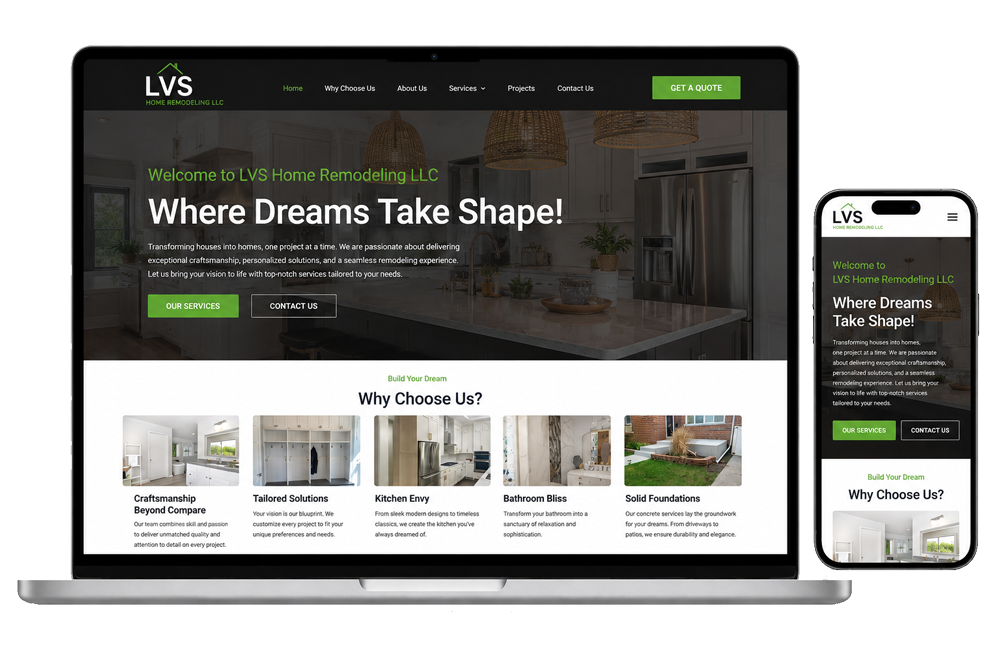 lvs home remodeling website design on laptop and phone