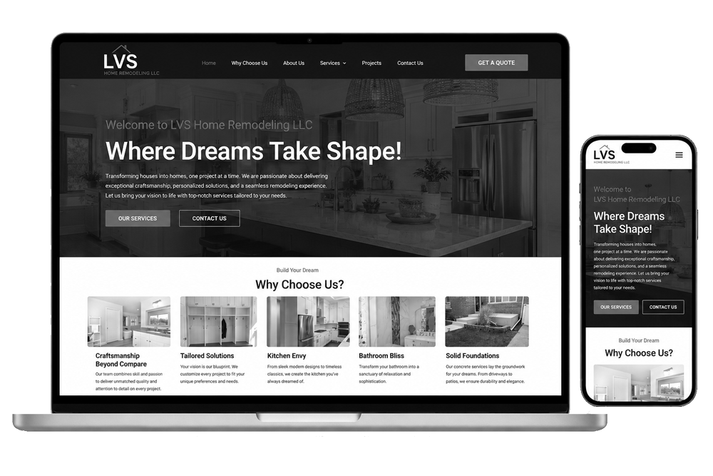 black and white image of lvs home remodeling website design on laptop and phone