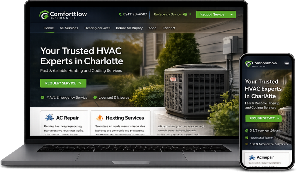 new hvac website design on a laptop and a phone