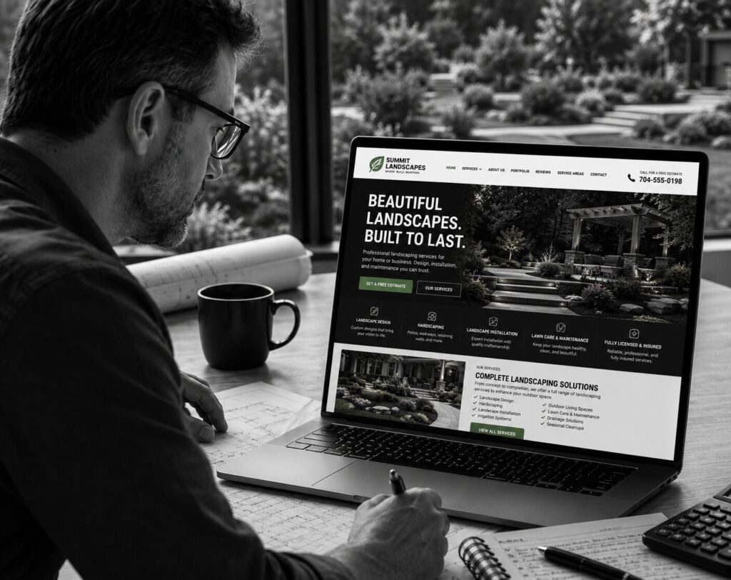 landscaping business owner looking at his new landscaping website