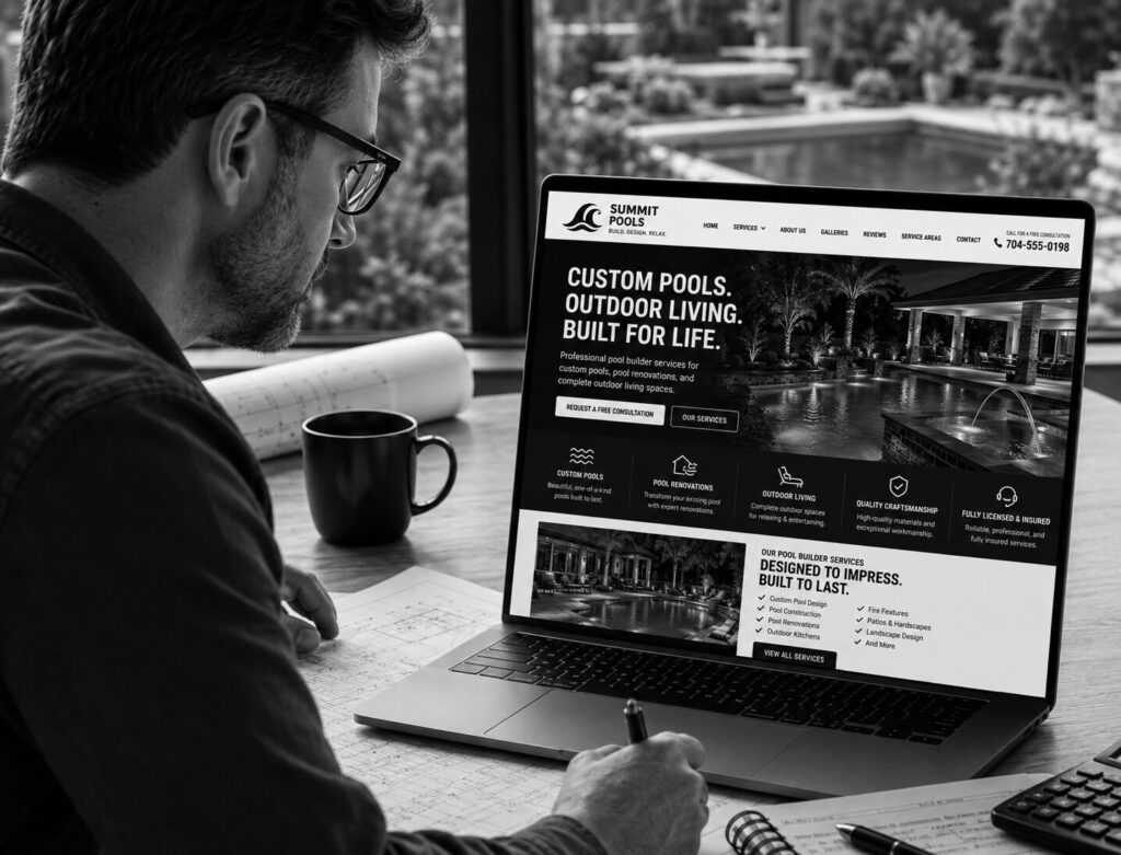 pool builder business owner looking at his new pool builder website design