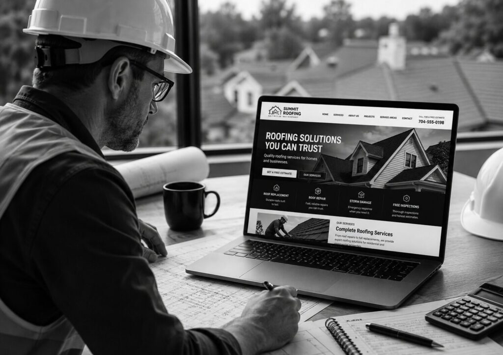 roofing business owner looking at his new roofing website