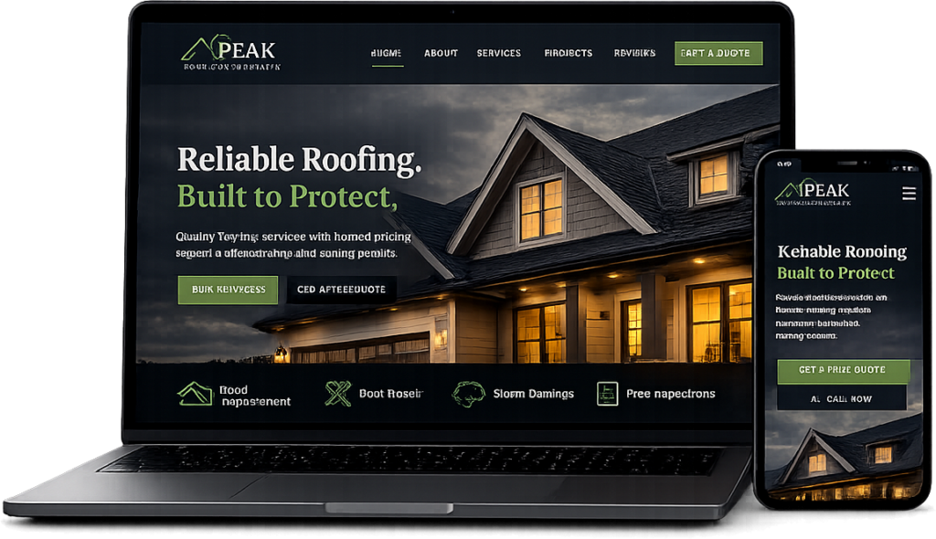 new website design for roofing on a laptop and a phone