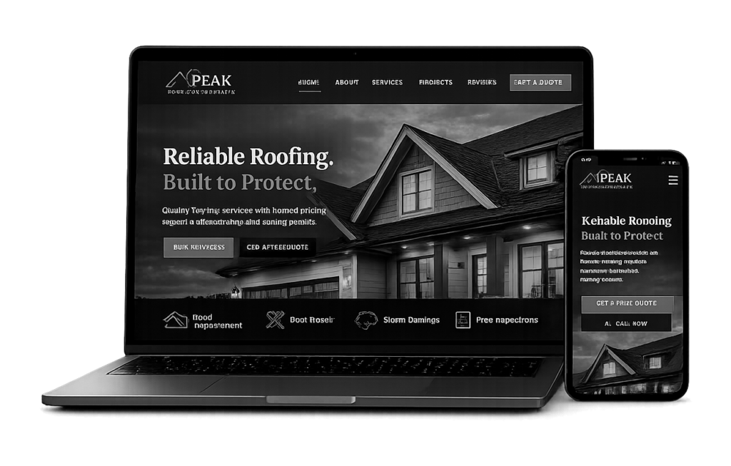 a new website design for a roofing company displayed on a laptop and a phone