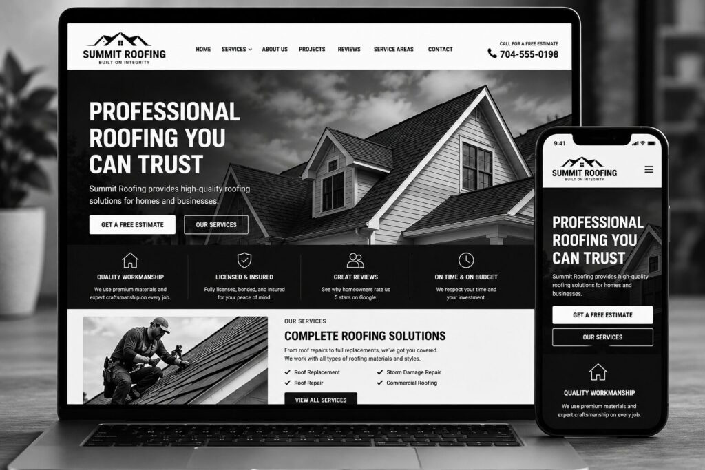 new roofing website on a laptop and phone