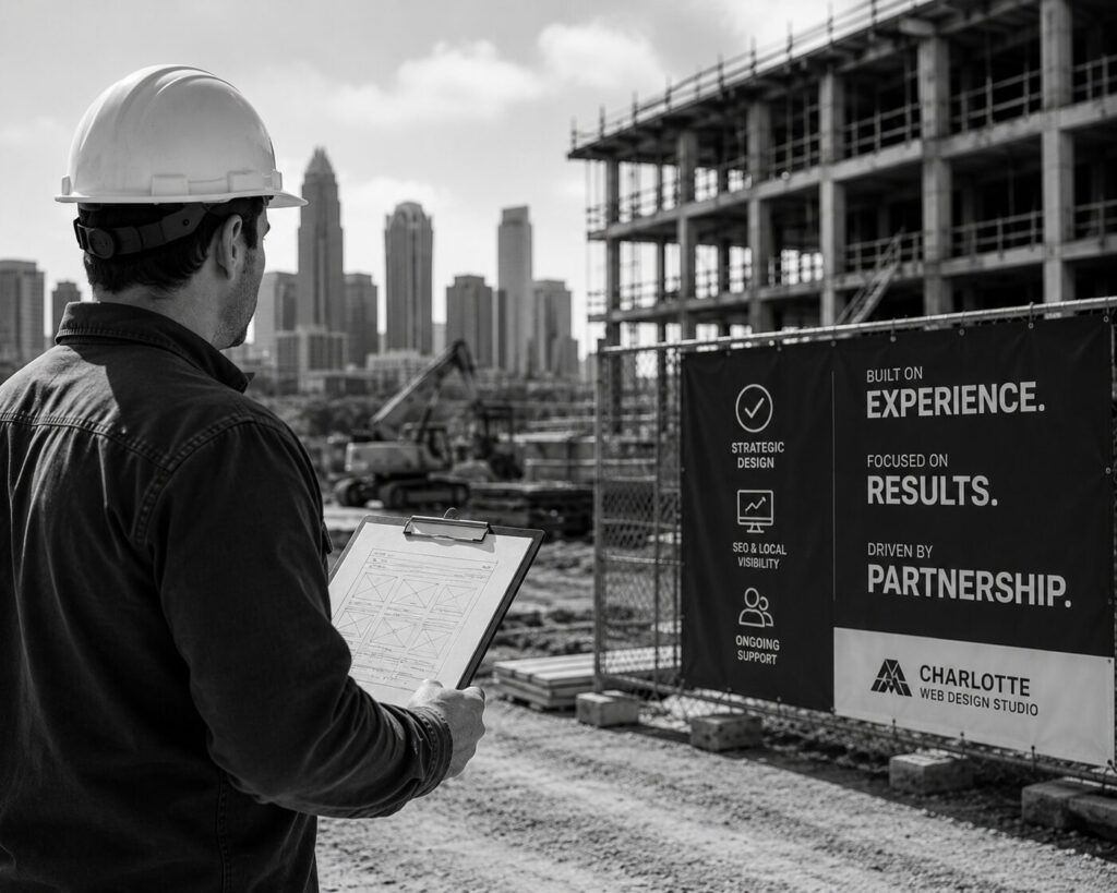 Construction professional reviewing plans at a job site, representing contractor website design, local SEO, and lead generation services from Charlotte Web Design Studio.