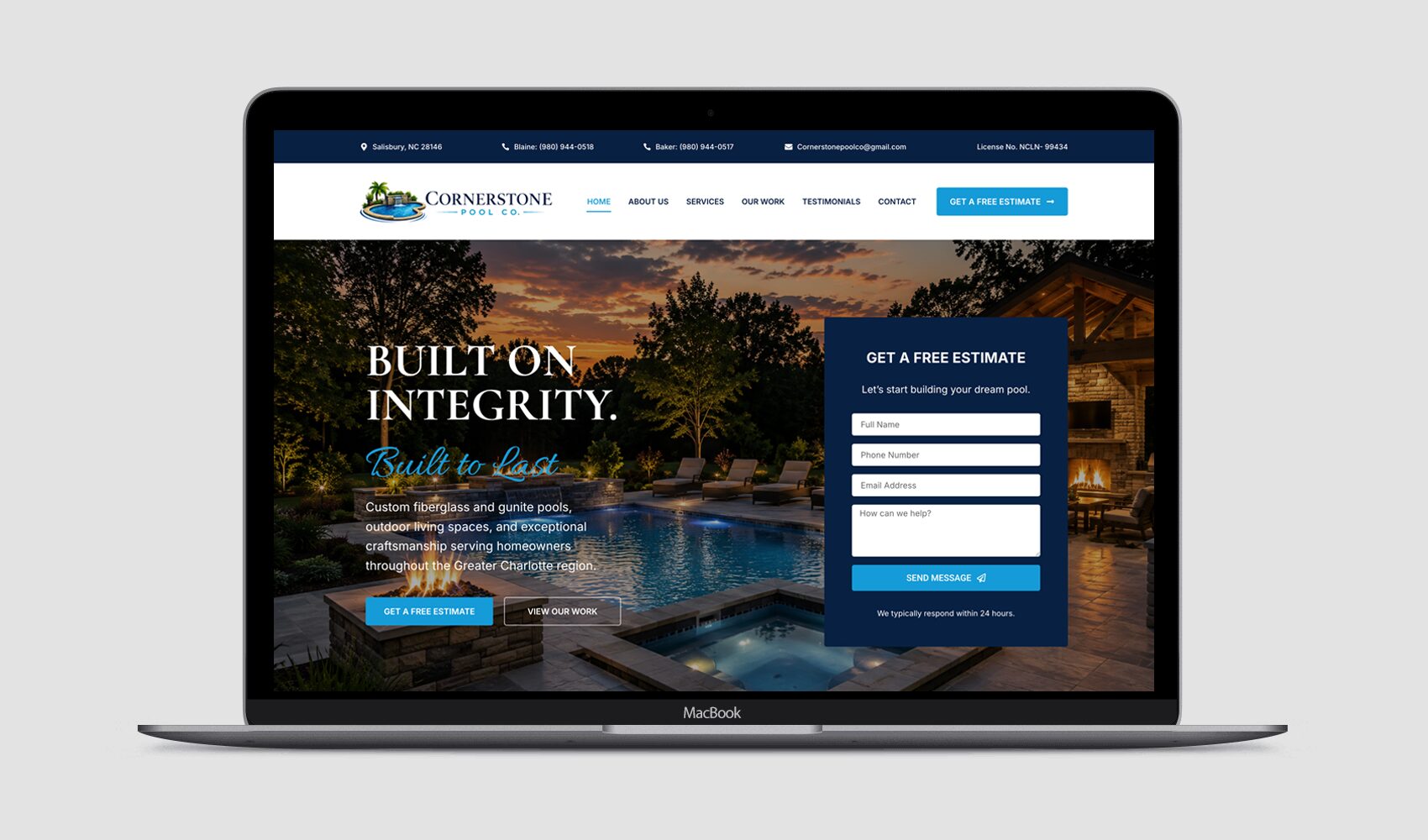 pool builder website for Cornerstone Pool Co. in Salisbury, NC