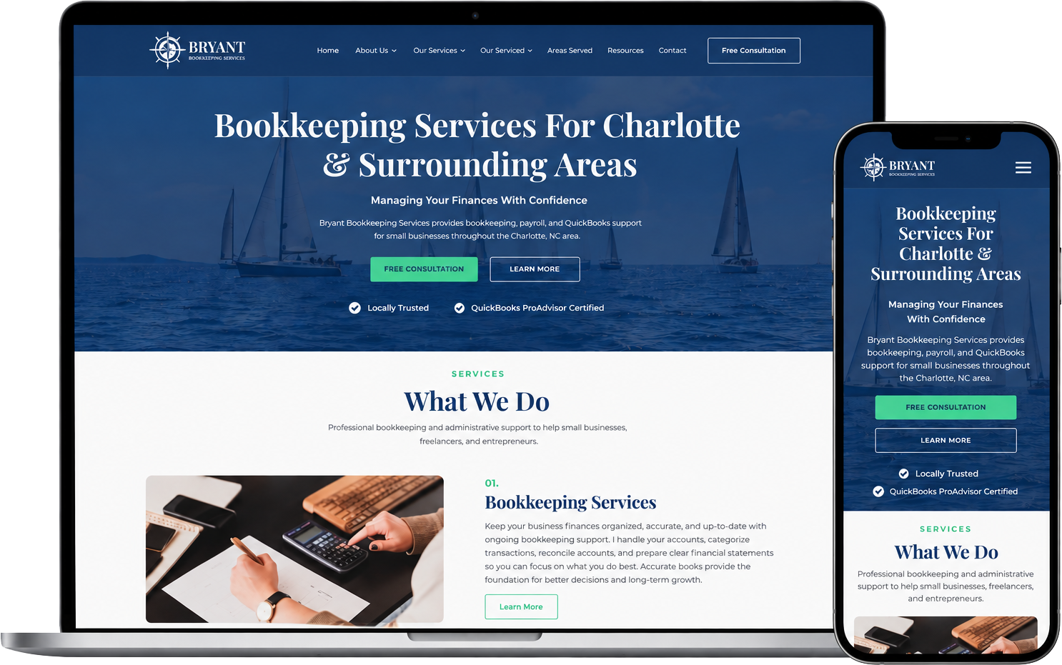 bryant bookkeeping website on a laptop and phone representing local SEO case study